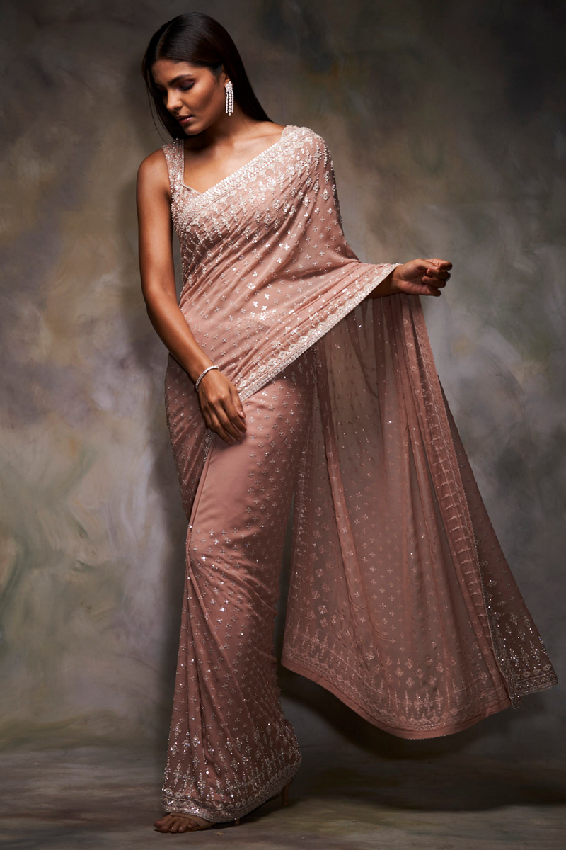 Peach Organza Silk Sari Thread Sequin Saree Blouse Indian Designer  Bollywood | eBay